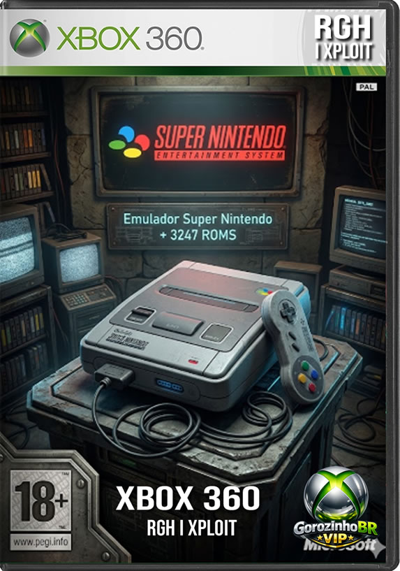 Vale destacar primeiro que este não é um jogo oficial lançado na loja do Xbox, mas sim um pacote feito pela comunidade (homebrew) voltado para consoles Xbox 360 modificados (com desbloqueio RGH ou JTAG). Rodando geralmente através do excelente emulador Snes360, esse pacote transforma o console em uma verdadeira máquina do tempo! O número colossal de 3.247 ROMs garante que você tenha acesso a praticamente toda a biblioteca mundial do Super Nintendo (SNES). Estão lá todos os clássicos absolutos: Super Mario World, Donkey Kong Country, Zelda: A Link to the Past, Street Fighter II, além de diversas versões japonesas, jogos traduzidos por fãs (PT-BR) e hackroms. O emulador ainda moderniza a experiência com filtros gráficos em HD, artes das capas e a opção de salvar o jogo em qualquer parte (save states). 📺✨