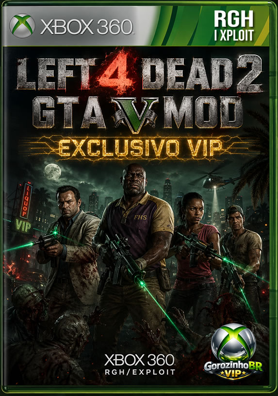 Left 4 Dead 2 com mod inspirado em Grand Theft Auto V para Xbox 360 oferece uma experiência diferenciada ao misturar o caos de sobrevivência zumbi com elementos visuais e estilísticos de GTA V. O jogo original já é conhecido pelo foco cooperativo, onde até quatro jogadores enfrentam hordas de infectados em campanhas intensas e cheias de ação.