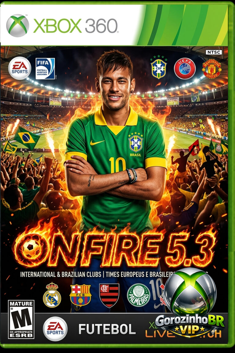 ONFIRE 5.3 não é um jogo independente, mas sim um patch/modificação do Pro Evolution Soccer (PES 2018) para Xbox 360, desenvolvido para consoles com RGH ou exploit. Ele atualiza completamente o jogo original, trazendo conteúdos mais recentes do futebol mundial, como elencos atualizados, novos uniformes, estádios, faces realistas e melhorias gráficas. 