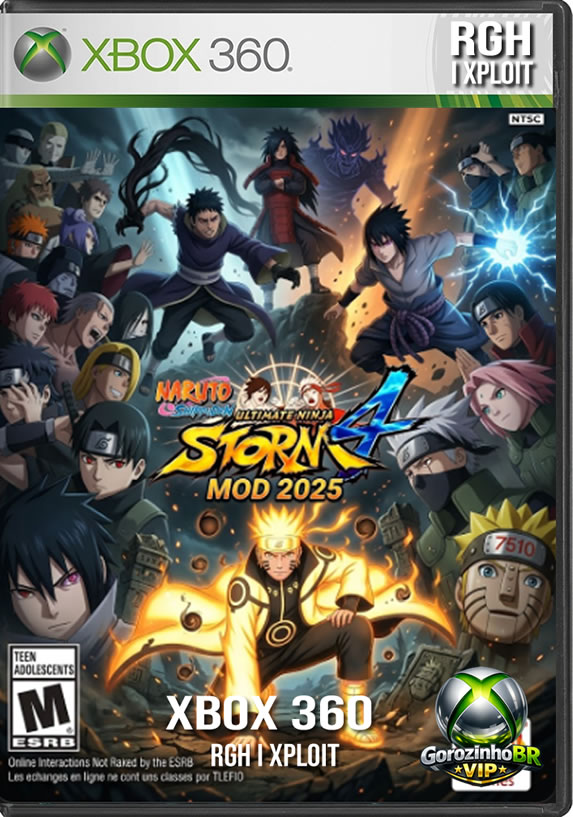 Como Naruto Storm 4 nunca foi lançado oficialmente para o Xbox 360, a comunidade de modders brasileira criou essa versão modificada genial! Utilizando a engine do Storm Revolution, o game foi totalmente transformado para trazer a experiência da Quarta Grande Guerra Ninja ao console. O jogo conta com menus e HUD idênticos ao Storm 4, legendas totalmente em PT-BR e a adição de personagens marcantes que ficaram de fora do 360, como Naruto Modo Rikudou, Sasuke Rinnegan, Madara Jinchuuriki e Kaguya.
