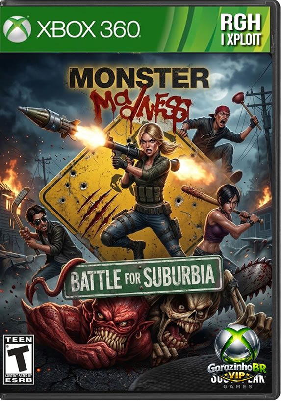 Monster Madness: Battle for Suburbia é um jogo de ação frenético com visão isométrica lançado em 2007. A história acompanha quatro adolescentes estereotipados — o nerd, a gótica, o skatista e a patricinha — que precisam defender sua vizinhança de uma invasão massiva de monstros, zumbis e lobisomens enquanto os pais estão fora. Com forte apelo cooperativo para até 4 jogadores (local ou online), o game se destaca pelo uso intenso de física nos cenários e pela possibilidade de construir armas malucas usando lixo e peças encontradas pelo caminho.